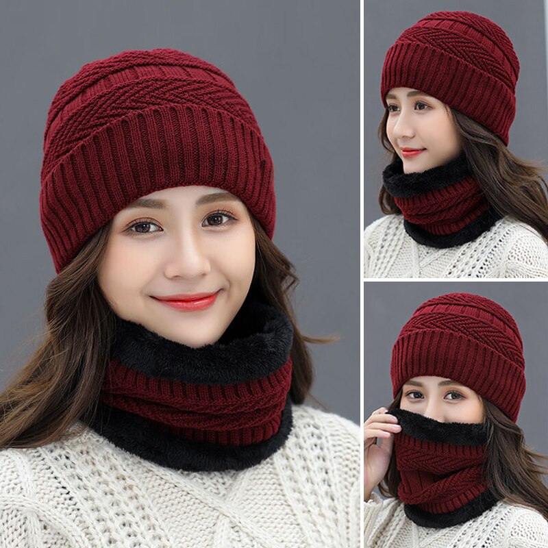 Gorro de invierno tejido, conjunto de bufanda, gorros gruesos de algodón para mujer, cuello, suave gorro de felpa que mantiene el calor para mujer