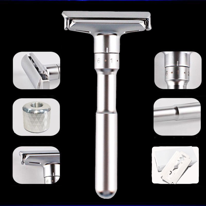 Adjustable Safety Razor Qshave Mens Shaving Double Edge Classic Safety Razor Blade Exposure Six Levels 1 handle & 5 blades