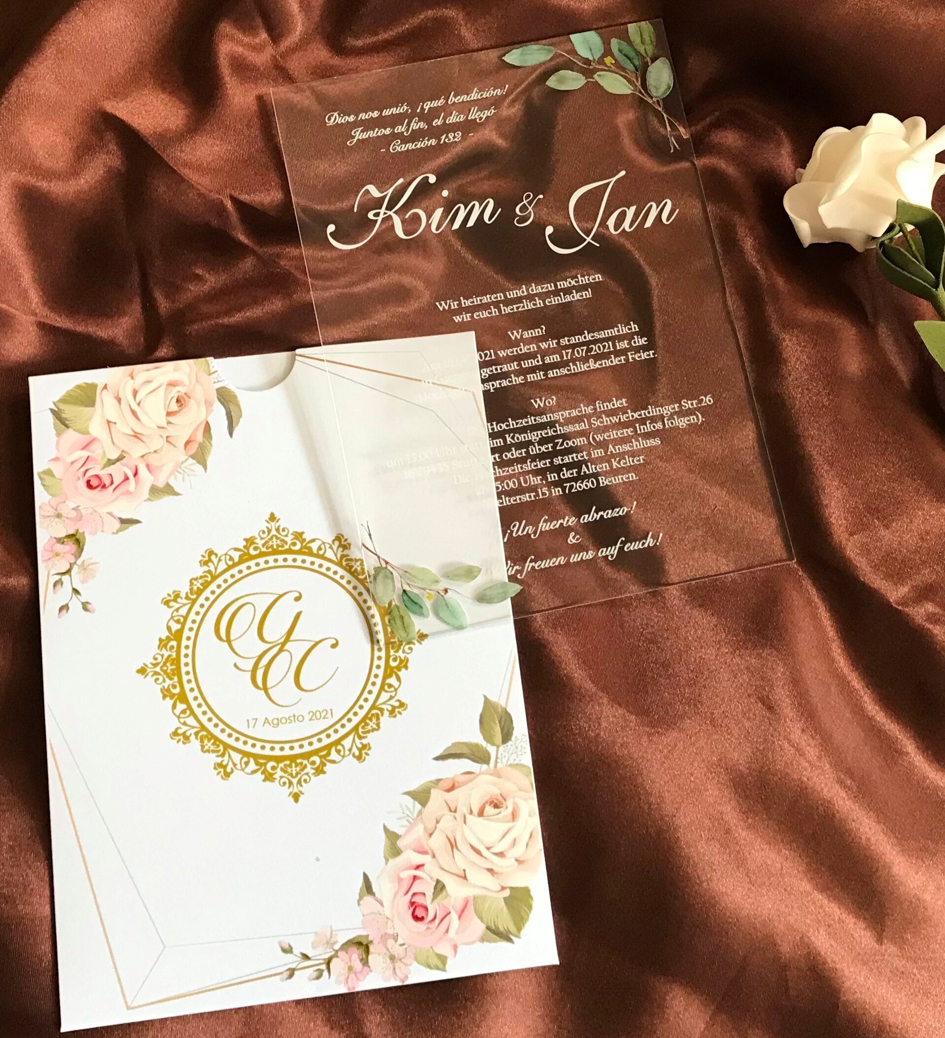 Gold,Blush Rose Pocket Envelopes,Green leaf Acrylic Wedding Invitations,Custom 10pcs White Ink Acrylic Invitations,Acrylic Menu