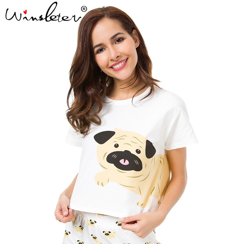 Cute Sleep Top T shirt Women Pug Print Crop Top Short Sleeve Loose S-XXL Cotton T shirt Pajamas Women Clothing pyjamas T6825