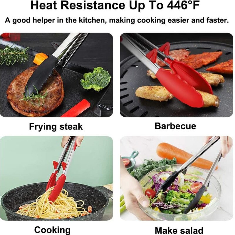 2PCS Food Tong Stainless Steel Kitchen Tongs With Non-Stick Silicone Tips Built-in Stand Clip Tong For BBQ, Salad, Grilling, Fry