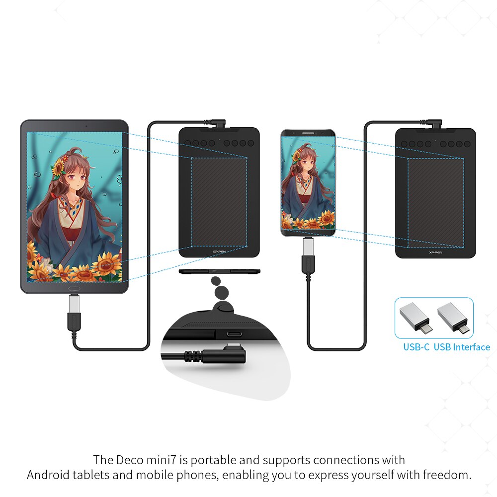 Xp-pen – tablette graphique Deco mini7, 7x8192 pouces, sans batterie, 4.37 niveaux de sensibilité à la pression, pour dessin Digital, compatible avec Android, Windows et Mac