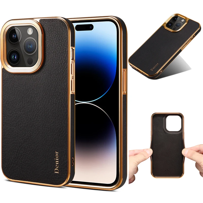 Eucagr Luxus Echt ledertasche für iPhone 15 Pro Max stoß feste Silikon Handy hülle für iPhone 15 14 13 12 Pro Max Plus