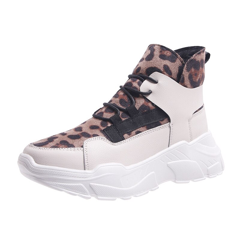 Kvinde sko leopard læder varm plys vinter høj top dame sko snøre chunky platform sneakers ruskind tyk bund sneakers: Leopard / 36