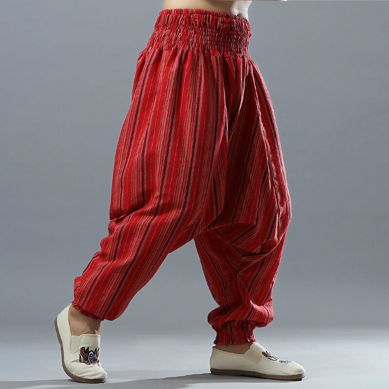 Rödrandigt bomullslinne herr elastisk midja harem breda ben aladdin byxor byxor man stor gren hippy casual lösa byxor