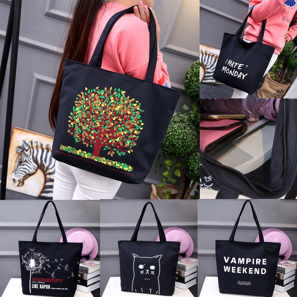 Frauen Trend Tote Tasche Kunst Frische Umweltschutz Leinwand Tasche Schulter wiederverwendbar Reißverschluss Einkaufstasche Für Mädchen