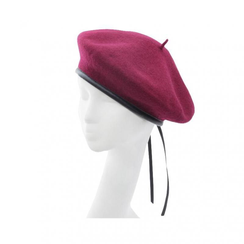 Cokk uld baret efterår vinter hatte til kvinder ensfarvet flad maler cap uld baret med pu læder boina feminina beanie hat