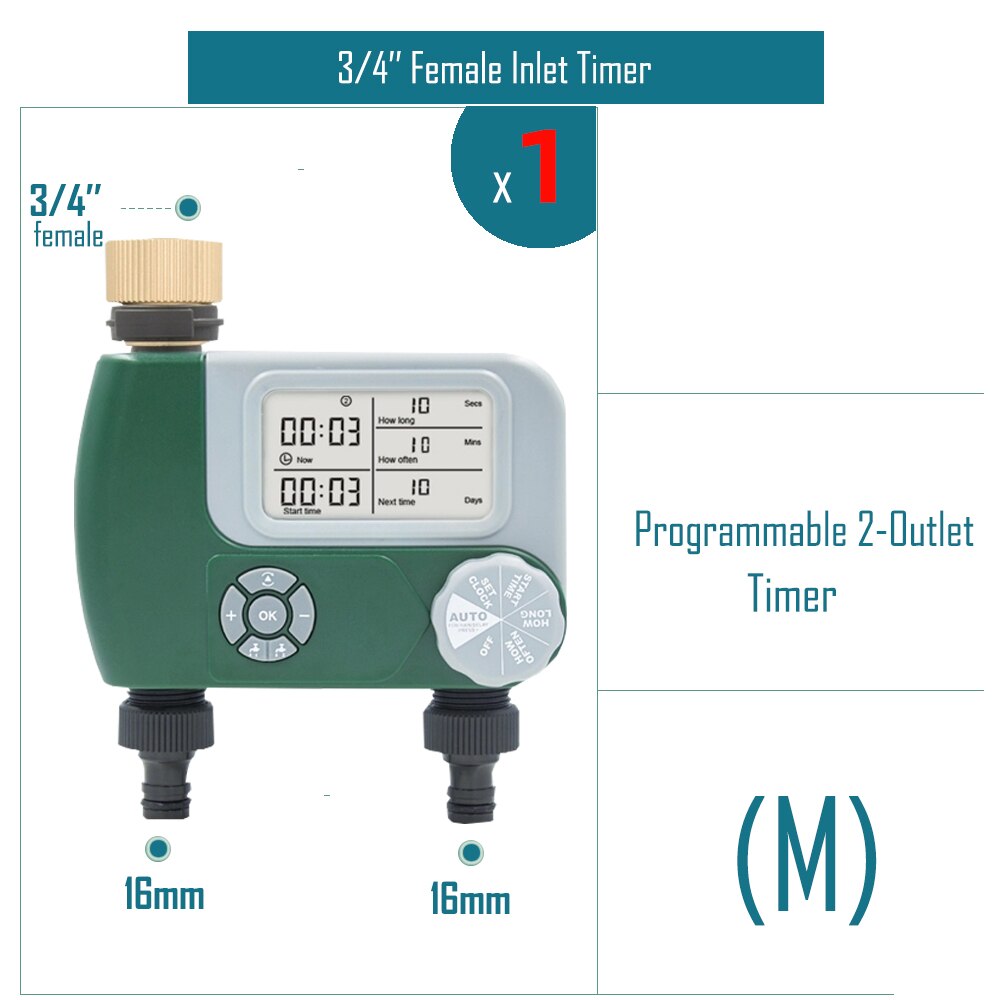 Garden Water Timer Rain Sensor Solar LCD Double Dial Controller Watering Irrigation 1/2'' 3/4'' Tap Joint Solenoid / Ball Valve: M-1PC