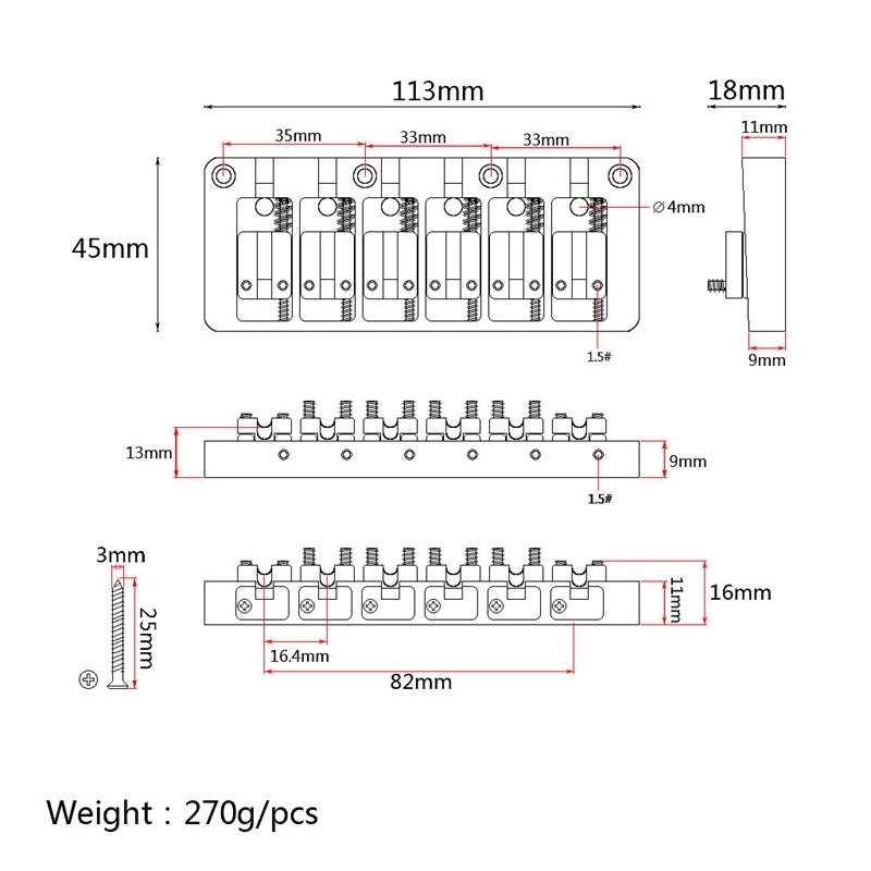 6 String Bass Bridge Bass String Bridge Vaste Hardtail Bridge Verstelbare Zadel Chrome Snaarinstrument Accessoires