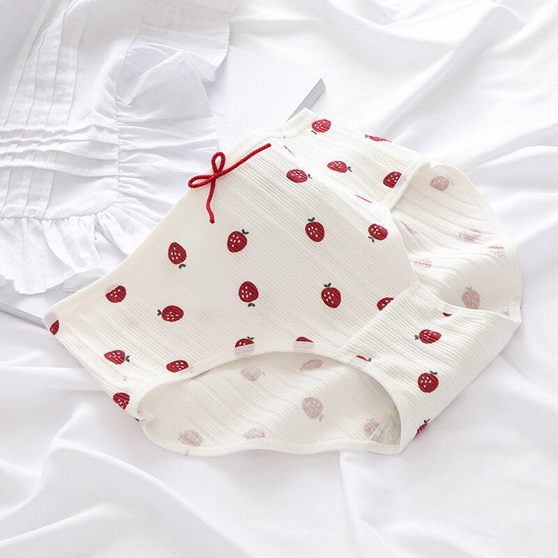 Cotton Women&#39;s Panties Soft Cute Bow Briefs Lingerie Elastic Thin Breathable Underwear Female Mid Rise Underpants: Small strawberry / M for 32.5-42.5kg