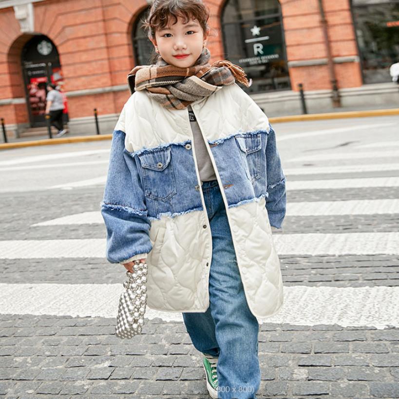 Baby Meisje Denim Patchwork Katoen Jassen Kinderen Herfst Winter Dunne Lange Outfit Tiener Warme Katoenen Jas Korea Stijl Wz492