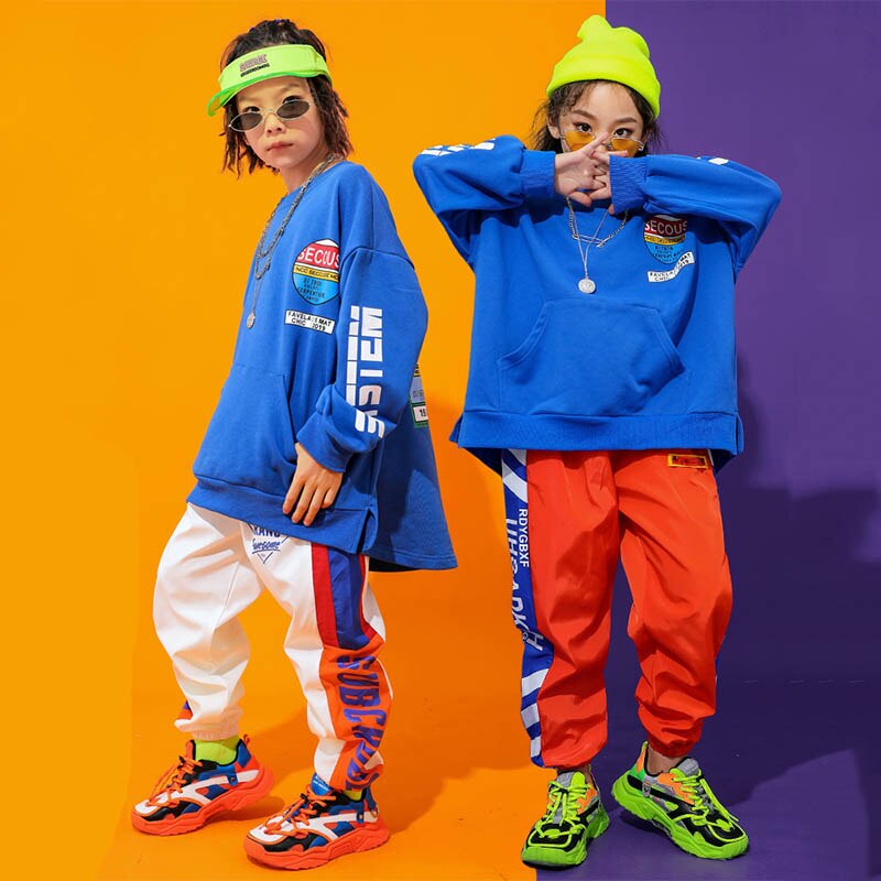 Loose Hip Hop Dance Costumes Kids Blue Street Dance Practice Wear Girls Boys Stage Rave Outfit Jazz Performance Clothes DC2868