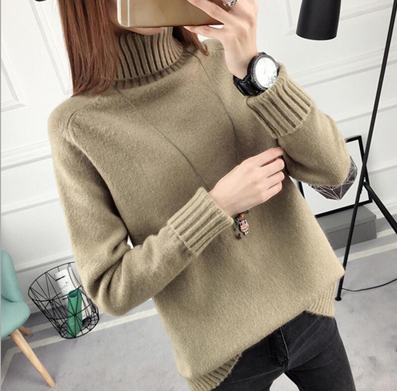 Autumn winter Women Knitted Sweaters Soft Pullovers Turtleneck Long Sleeve Solid Color Slim Elastic Short Sweater Women: Khaki