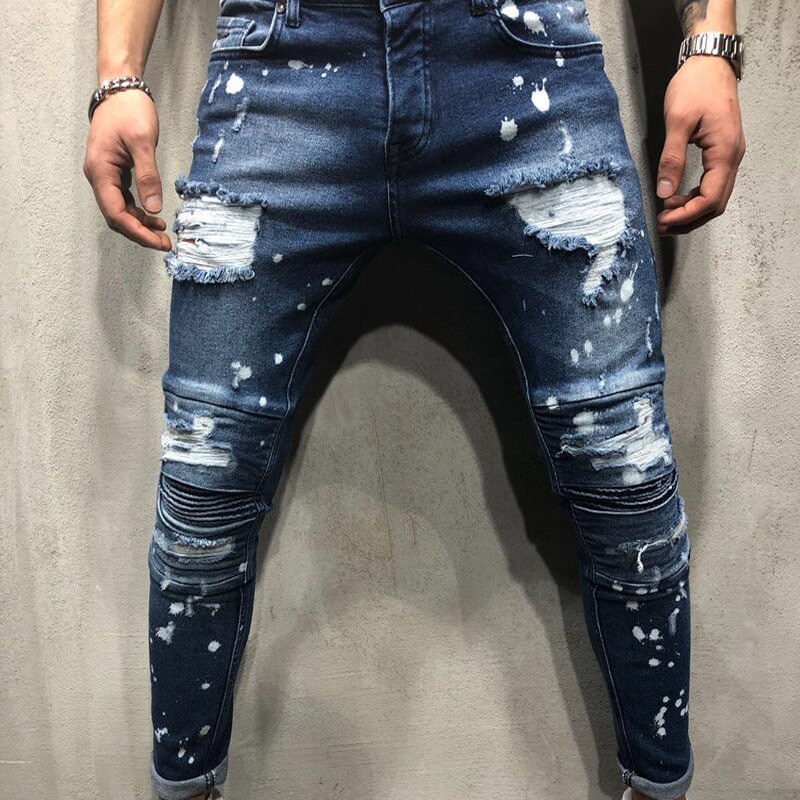 Plus Size Men Paint Point Ankle Zipper Skinny Denim Long Pants Hole Hip Hop Stretch Destroyed Ripped Jeans