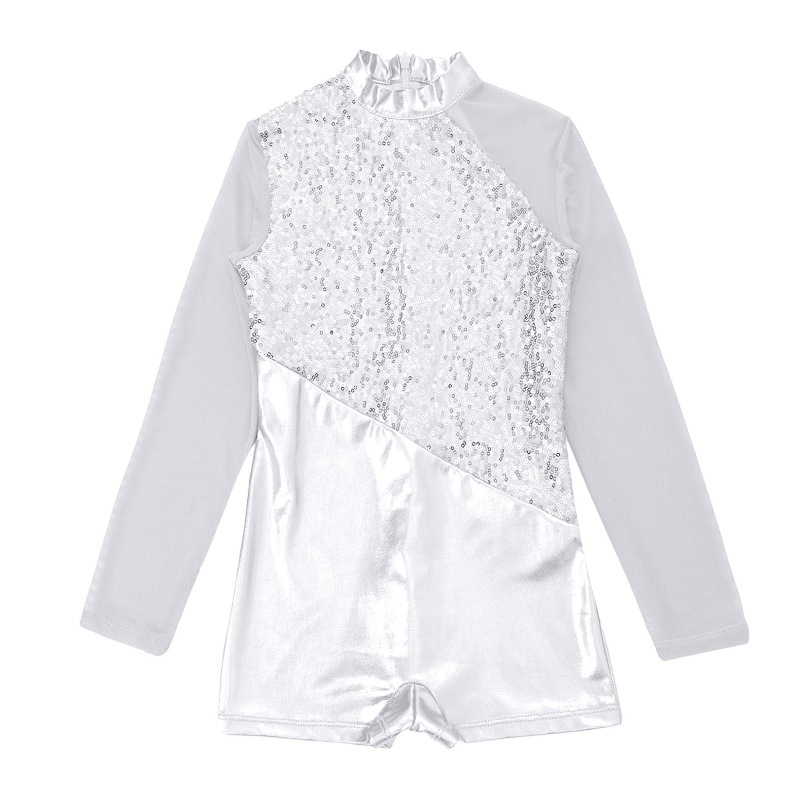Kids Girls Sparkling Sequins Mesh Splice Metallic Dance Unitatds Long Sleeve Gymnastics Leotard for Girl Children Ballet Leotard