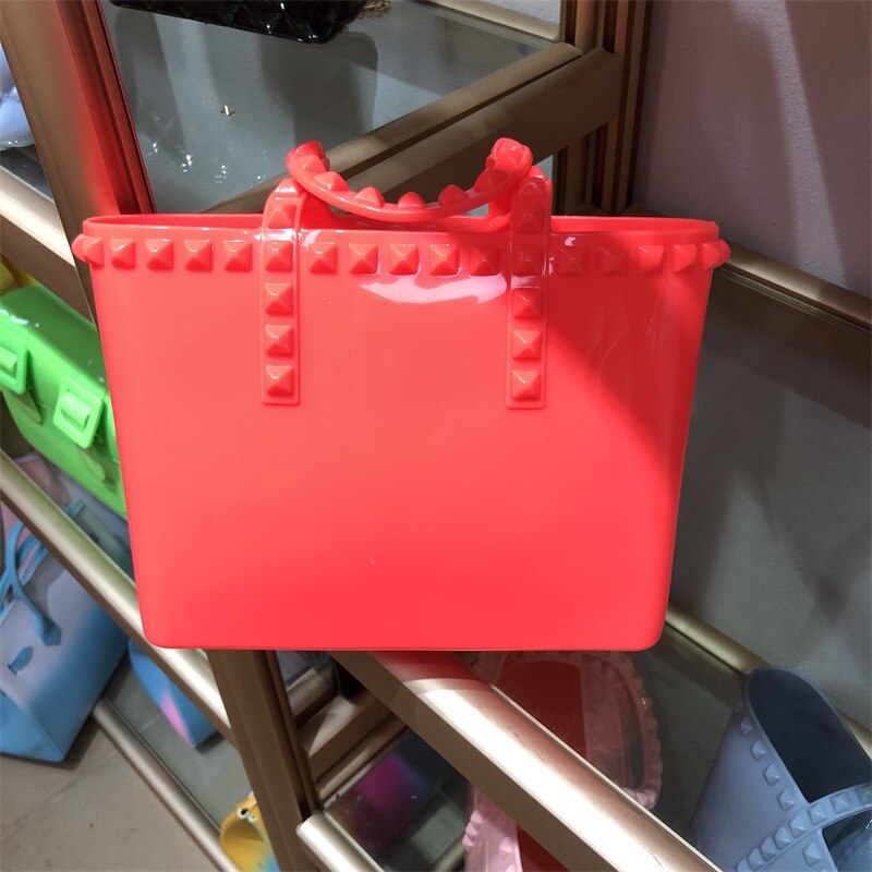 Summer Rivet Jelly Lady Handbag Bucket Tote Bag Shopping Bag Large Capacity PVC Women Handbag: watermelon red / l