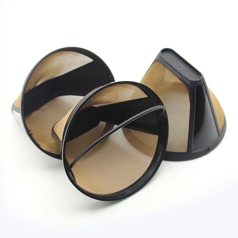 Cone-Style Reusable Coffee Filter Permanent Coffee Maker Machine Filter Gold Mesh With Handle Cafe Coffees Tools