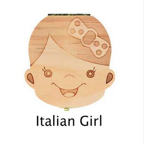Tand Doos Portugue/Spaans/Engels/Nederlands/Frans/Russisch/Italiaans Hout Tand Doos Organizer Save melk Tanden Hout Opslag Tanden: Italian girl