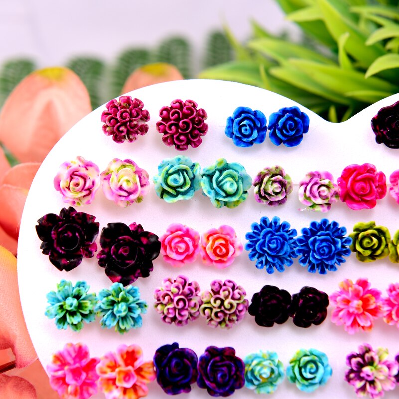 36 Pairs Mixed Style Anti Allergy Girls ear rings Plastic Rose Flower Stud Earrings for Women Trendy Jewelry