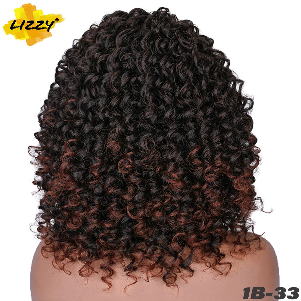 Kort Haar Synthetische Pruik Krullend Afro Pruiken Voor Zwarte En Witte Vrouwen Omber Lijmloze Natuurlijke Hoge Temperatuur Krullen 14Inch lizzy: T1B/33