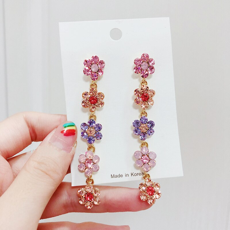 Korean Shiny Colorful Crystal Flower Earrings For Women Girl Daily Cute Accessories