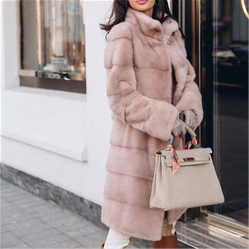 Umeko Elegante Effen Faux Vos Bontjas Vrouwen Winter Mode Medium Kunstmatige Vos Bontjas Vrouw Warm Nep Vos Bont jassen Vrouwelijke: Roze / 0S