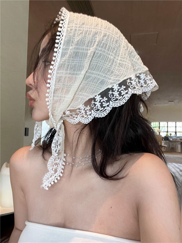 pañuelo para el pelo de encaje Floral tejido blanco o rosa, pañuelo triangular Retro para mujer, sombrero, foto de viaje, diadema, accesorios para el cabello: Lavanda