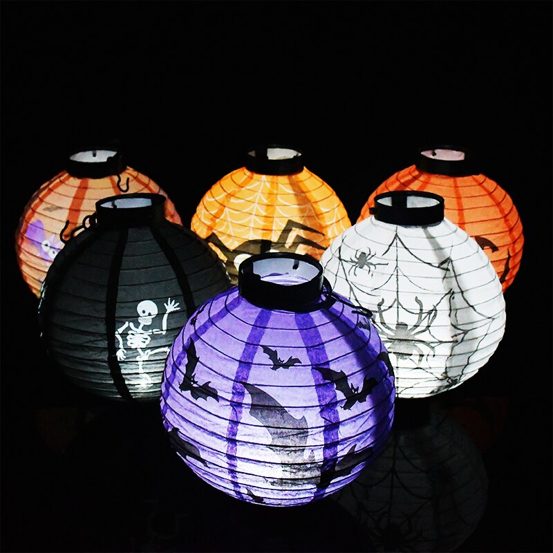 1 stk 20cm flagermus edderkop kranium trykt rund form led papir lanterne græskar lys lampe hængende festival lanterne halloween dekoration