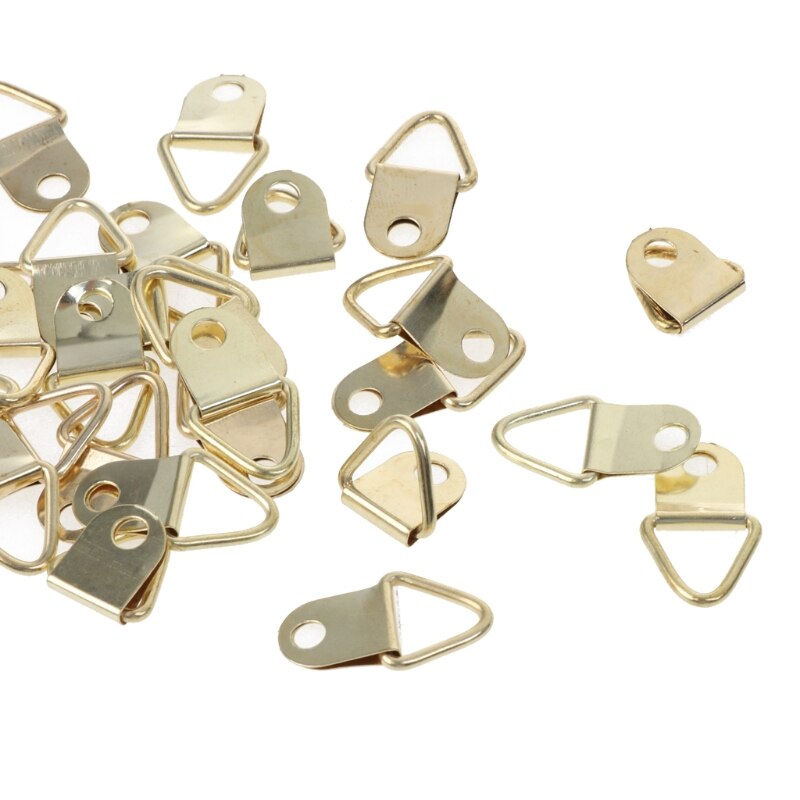 100 stuks gouden kleine d-ring schilderijhangers met schroeven, driehoekige ringhangers
