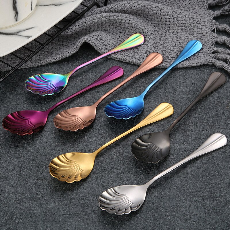 Shell Shape Stainless Steel Spoon With Long Handle Coffee Spoons Teaspoons Ice Cream Dessert Spoons Kitchen Bar Accessories