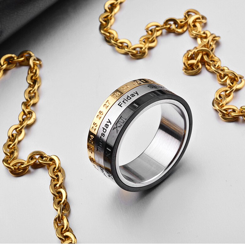 Arrivals Can Choose Date And Week Rotating Rings For Men And Women Titanium Steel Top Jewelry Three Color Mix Ring