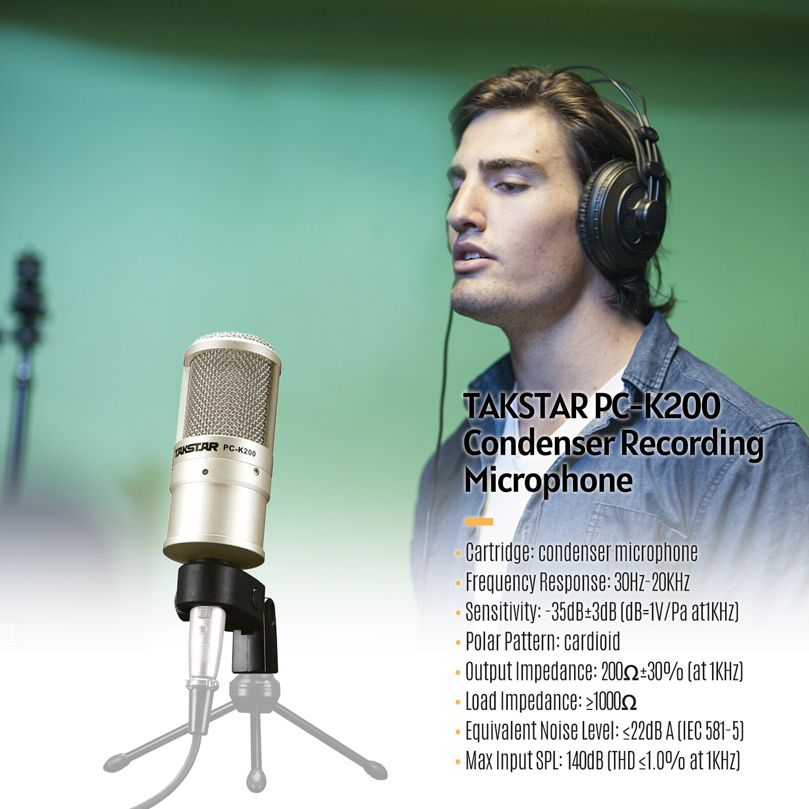 Takstar PC-K200 cardióide-direcional condensador gravação microfone estrutura metálica ampla resposta de freqüência para karaoke de rede