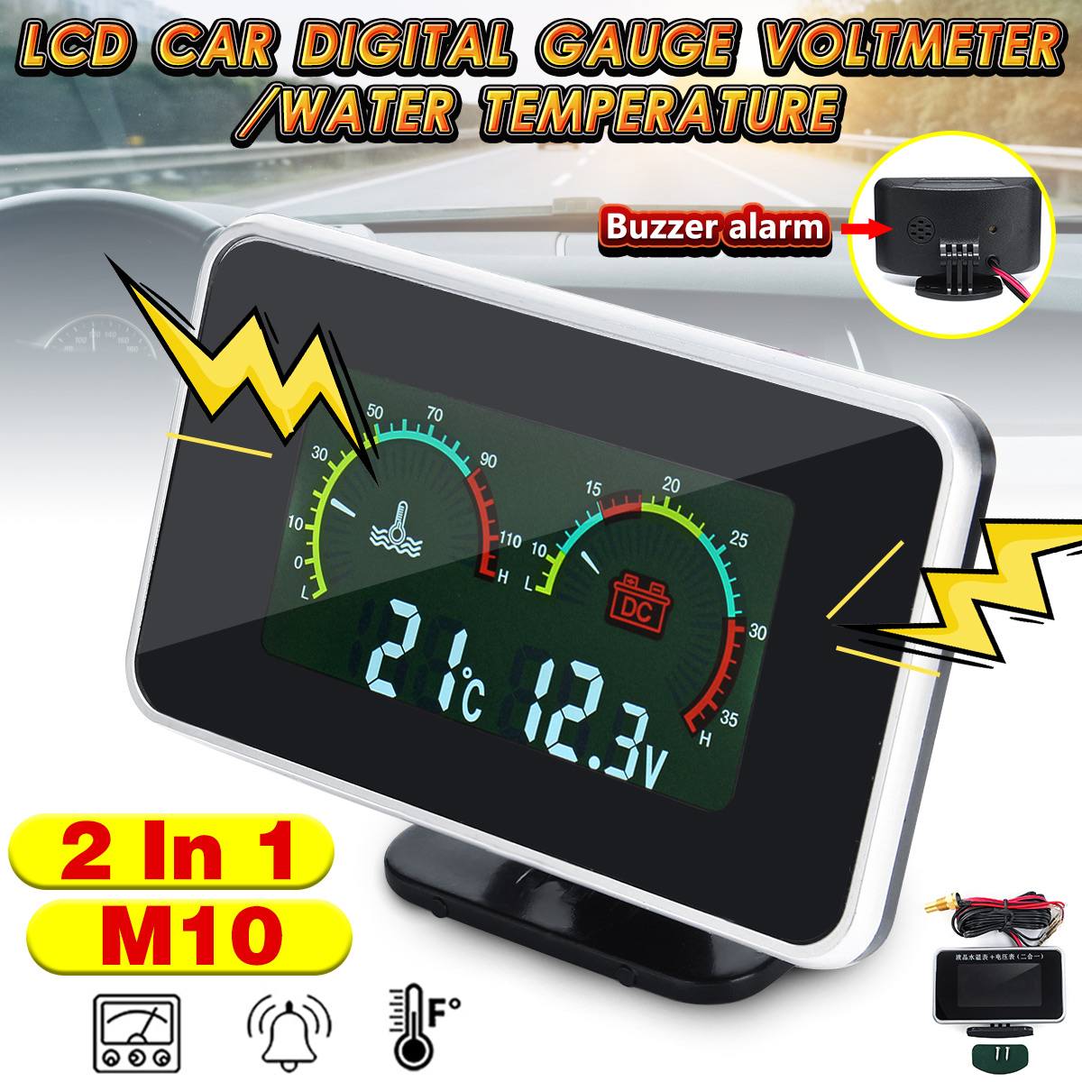 12v-24v 2 i 1 lcd bil digital gauge spænding trykmåler vand temp meter med summer alarm  m10