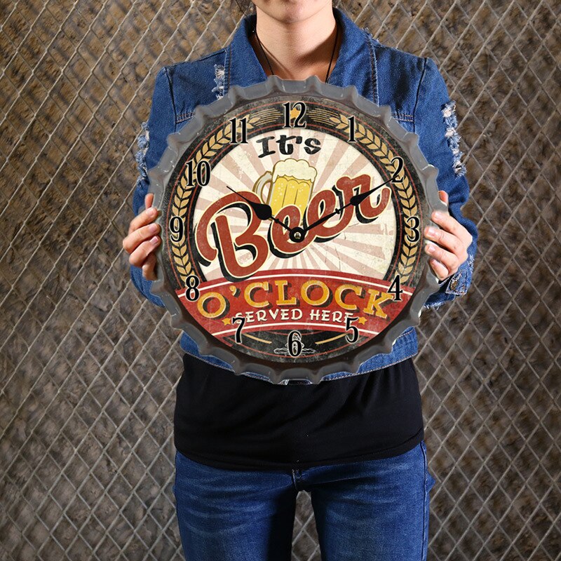 35cm Bottle Cap 3D Wall Clock Retro Beer Wine Modern Iron Metal Silent Quartz Clocks Bar Living Room Home Decor