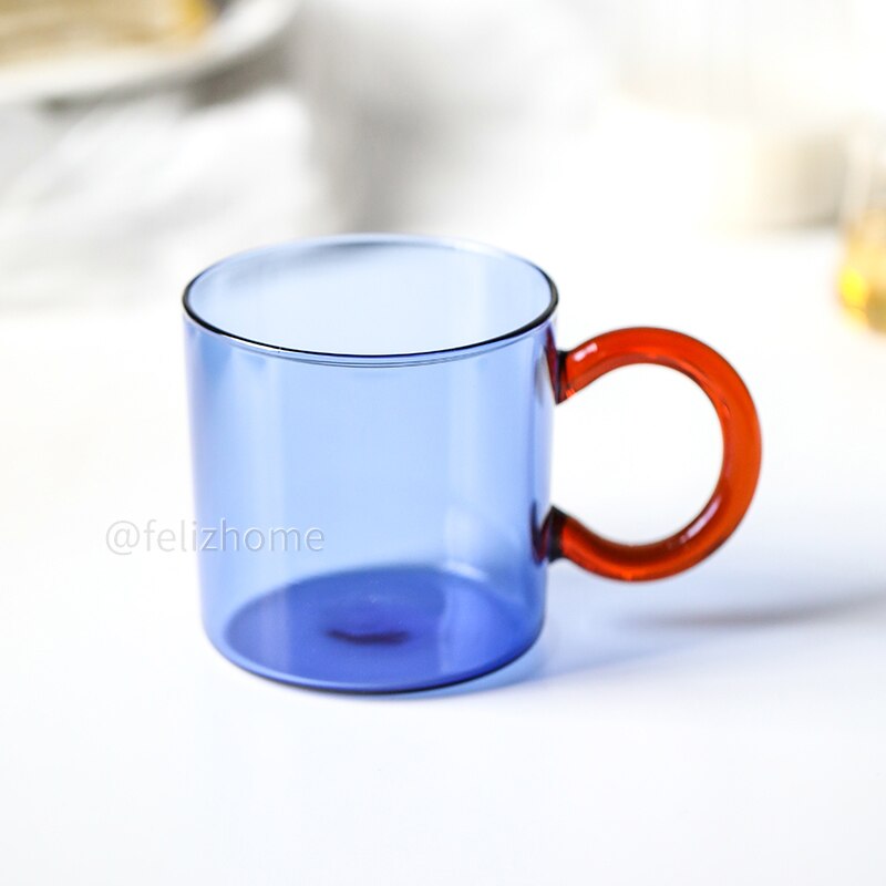 contrast color heat-resistant glass mug hanging ear coffee cup office household water cup high temperature resistance: blue  cup