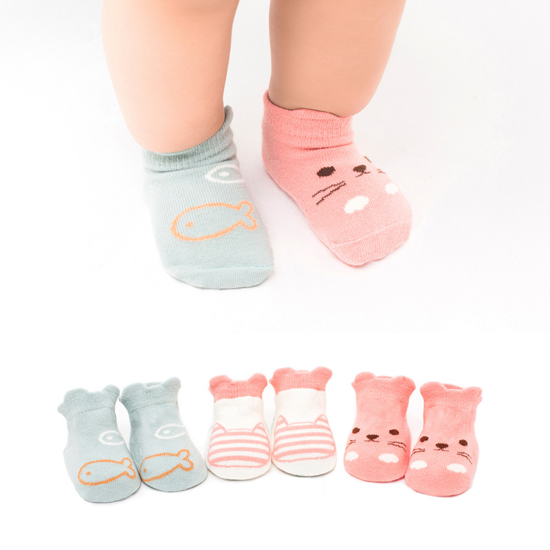3 Pairs/Lot Baby Socks With Grip Kids Cute Stereo Animal Cartoon Loose Toddle Boys Girls Anti Slip Socks Floor Crawling Socks