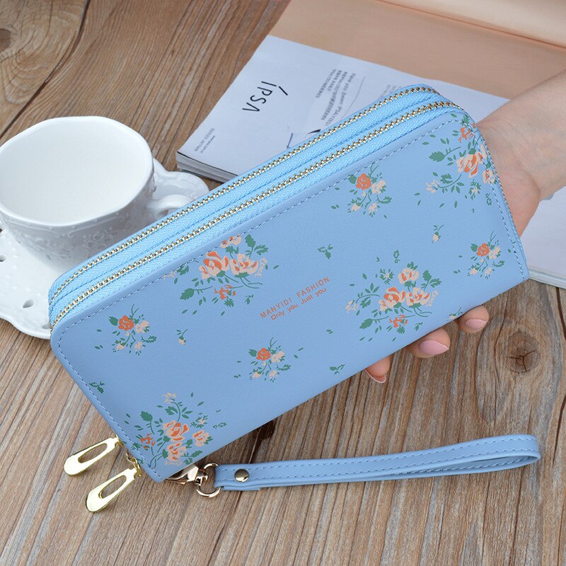 Luxury Double Zipper Women Wallets Large Capacity Long Clutch Bag Double Wallet Soft Leather Printing Change Mobile Bag: Blue