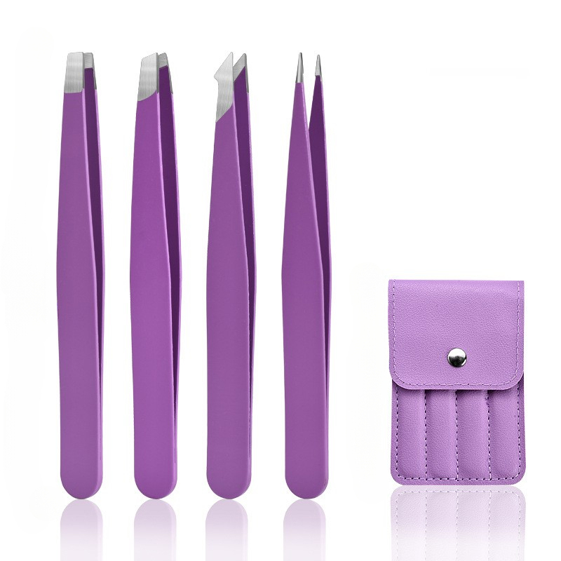 Pinzas para cejas de alta precisión, 4 Uds., extractor de pelos finos de Belleza del cabello, pinzas para cejas inclinadas de acero inoxidable, herramientas de maquillaje para eliminación: Morado