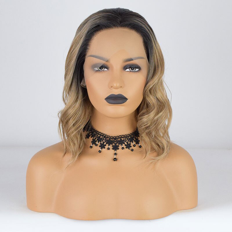 Bombshell Zwart Ombre Mix Blonde Synthetische Lace Front Pruik Korte Golf Hittebestendige Vezel Haar Middenscheiding Voor Vrouwen Pruiken