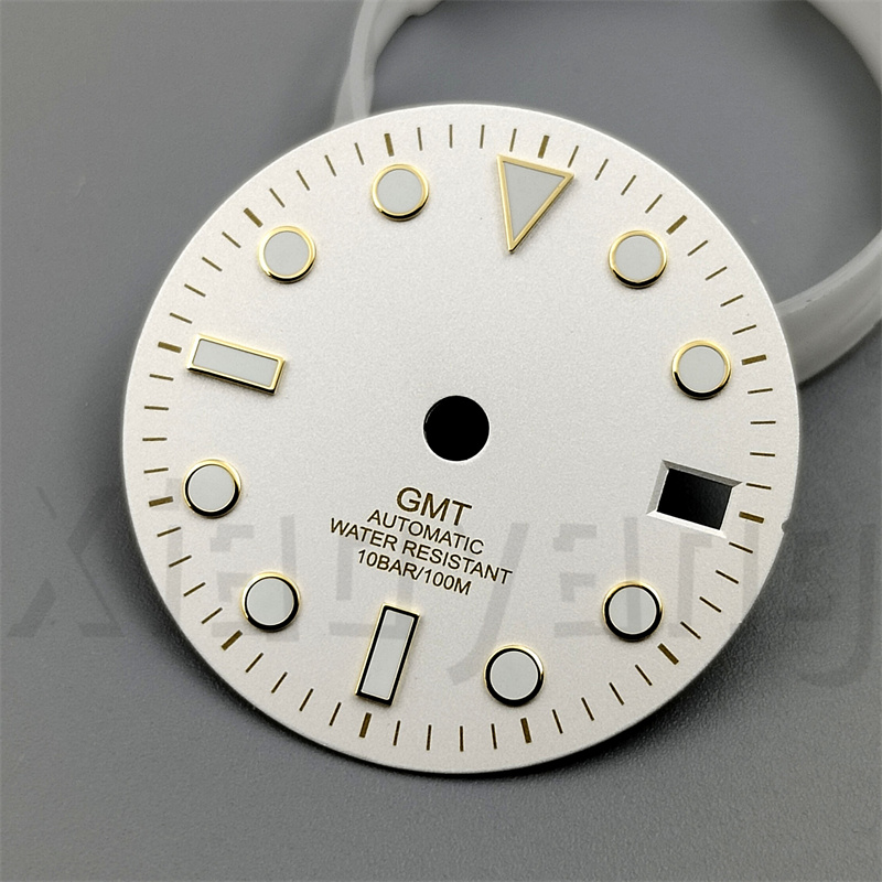 29mm Glossy Watch Dial Black White blue Dial Green Blue Red Orange GMT Text Black Gold Rose Edge Fit NH34 Movement C3 Luminous: PaleVioletRed