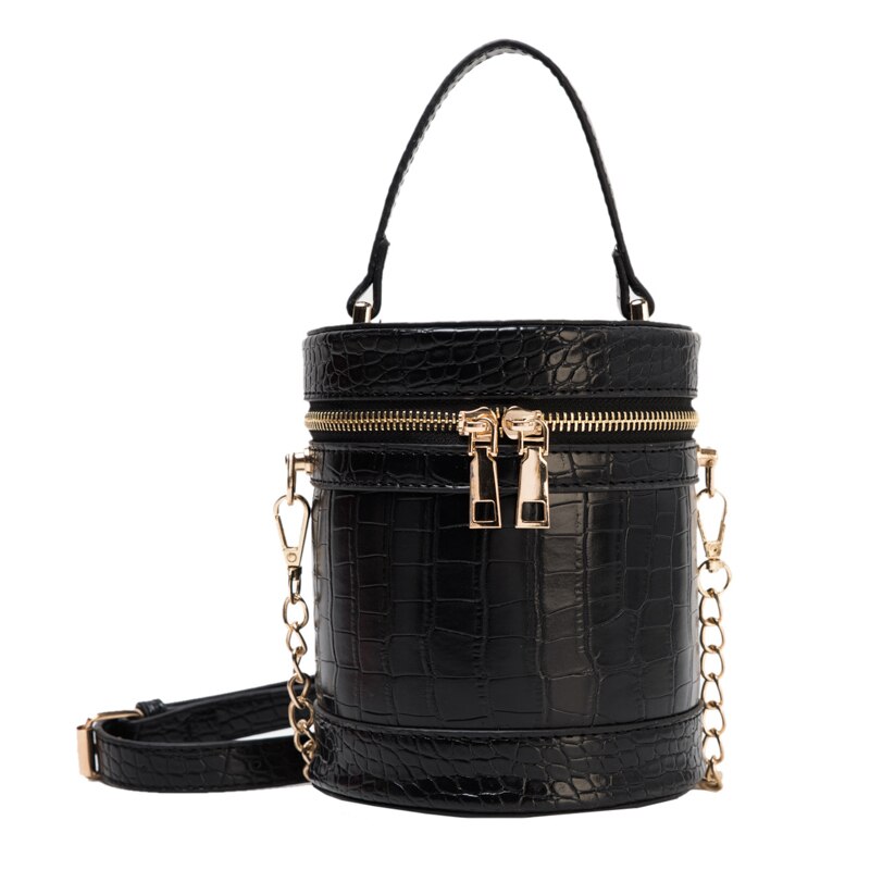 Stevige cilindrische pu leren ketting schoudertas voor dames crossbody tassen voor dames portemonnees en handtassen sac femme: Zwart