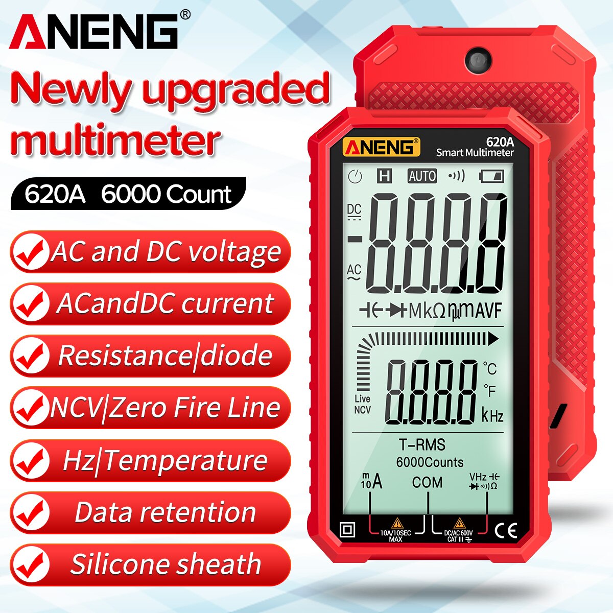 ANENG True-RMS Auto-Ranging Digital Multimeter with Amp Volt Ohm Capacitance Continuity Temperature Frequency Diode Tests: Red