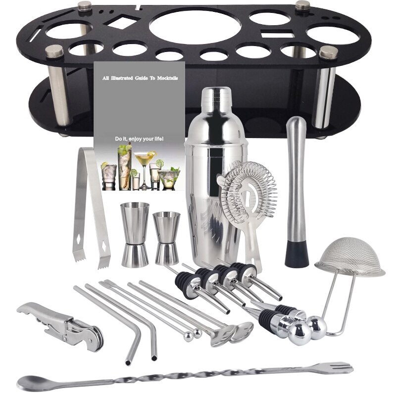 1-22Pcs Boston Cocktail Shaker Bar Gereedschap Wijn Mixer Set Barman Cocktail Shaker Tool Kit Schenker Jigger Warhoofd met Houder
