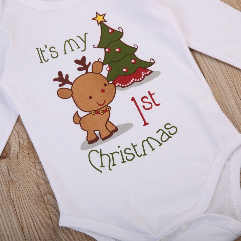 Cute Infant Newborn Baby Girl Boy Playsuit Romper Jumpsuit Outfit Xmas Cartoon Deer Christmas Tree Print Clothes