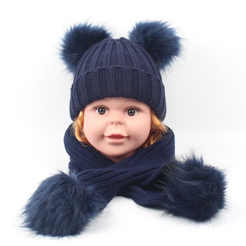 Conjunto de bufanda y gorro para niños y niñas, doble pompón de piel sintética, cálido, tejido, largo, Invierno