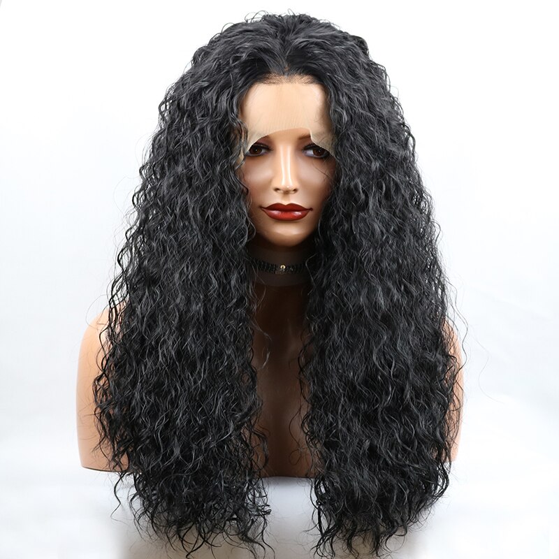 Loose Curly Glueless Synthetic Lace Front Wigs for Women Heat Resistant Fiber with Baby Hair 24 inch Natural Black Lace Wigs