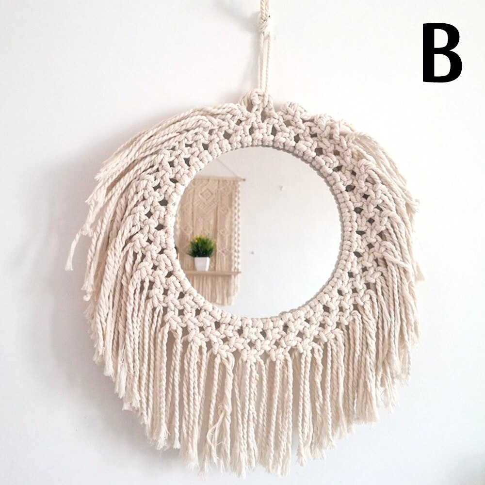 Macrame espelho artesanal tapeçaria maquiagem espelho charme iluminado compacto casa quarto decorativo parede pendurado espelhos decoração da sua casa: B