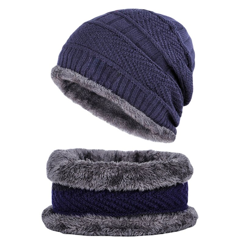 Strikket hat unisex vinter tyk varm fleece foret hals varmere tørklæde sæt til snowboard skiløb skøjteløb: Blå