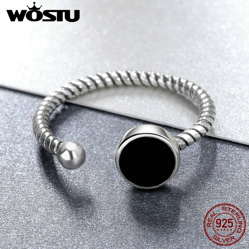 WOSTU 100% 925 Sterling Silver Cool Black Round Open Rings For Women Man Adjustable Ring Christmas Fine Jewelry brincos CSR157