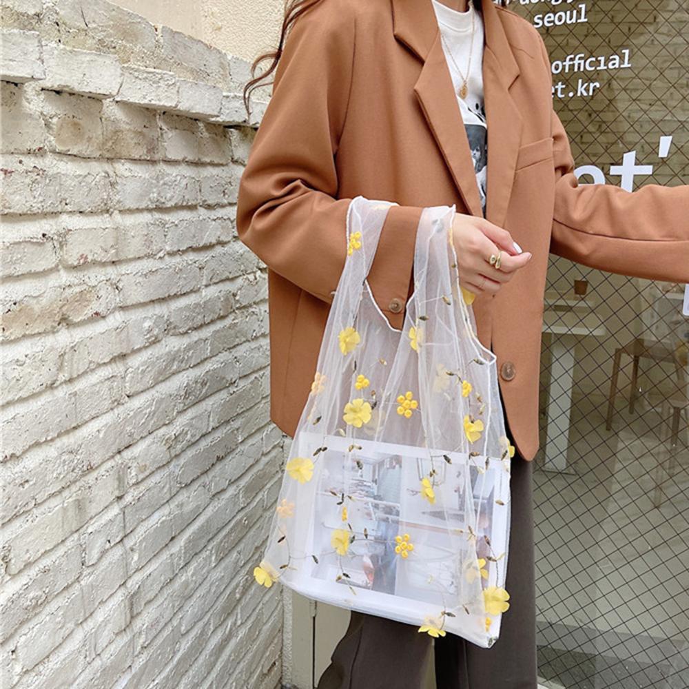 Spring Women Small Transparent Tote Mesh Cloth Bag Daisy Embroidery Handbag Eco Fruit Bag Purse For Girls: Style D-Yellow